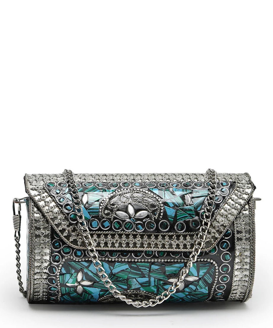 Mosaic Embellished Metal Clutch