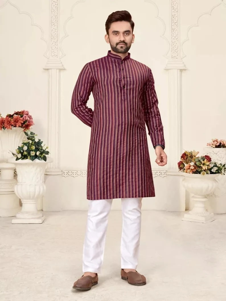 Pure Linen Cotton Kurta Pajama Combo Set For Men's