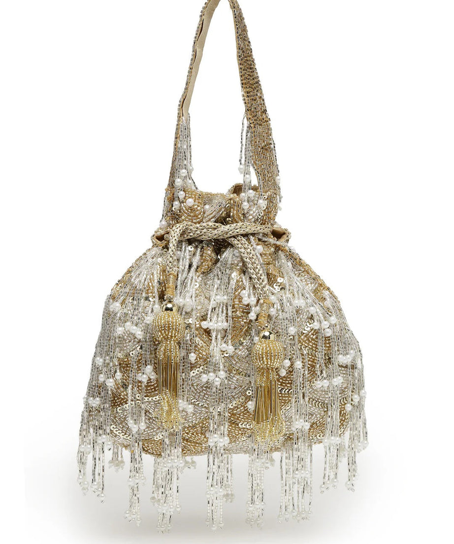 Droop Palmette Embellished Suede Potli Bag