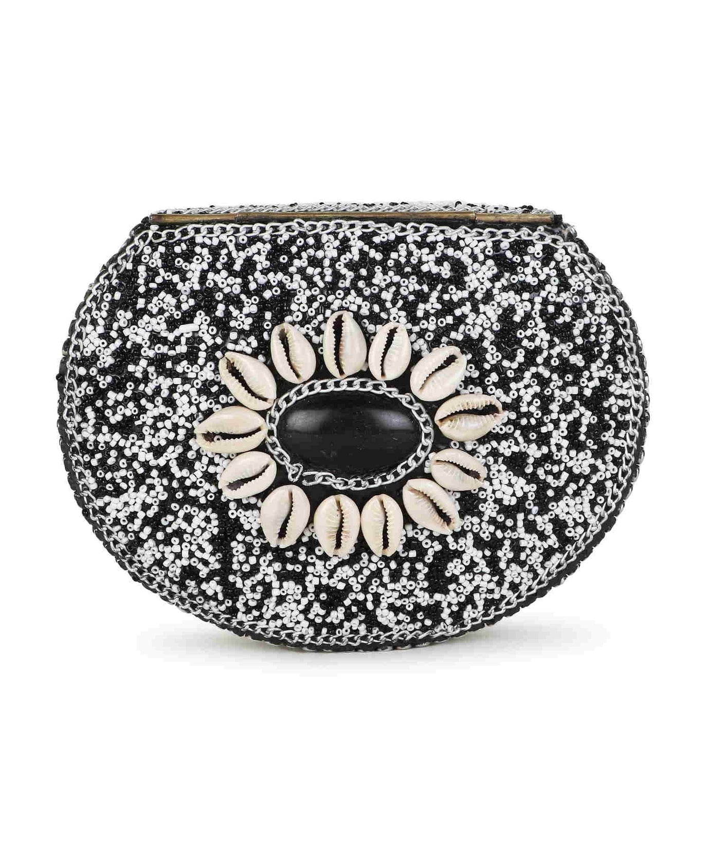 Mosaic Shell Embellished Metal Clutch
