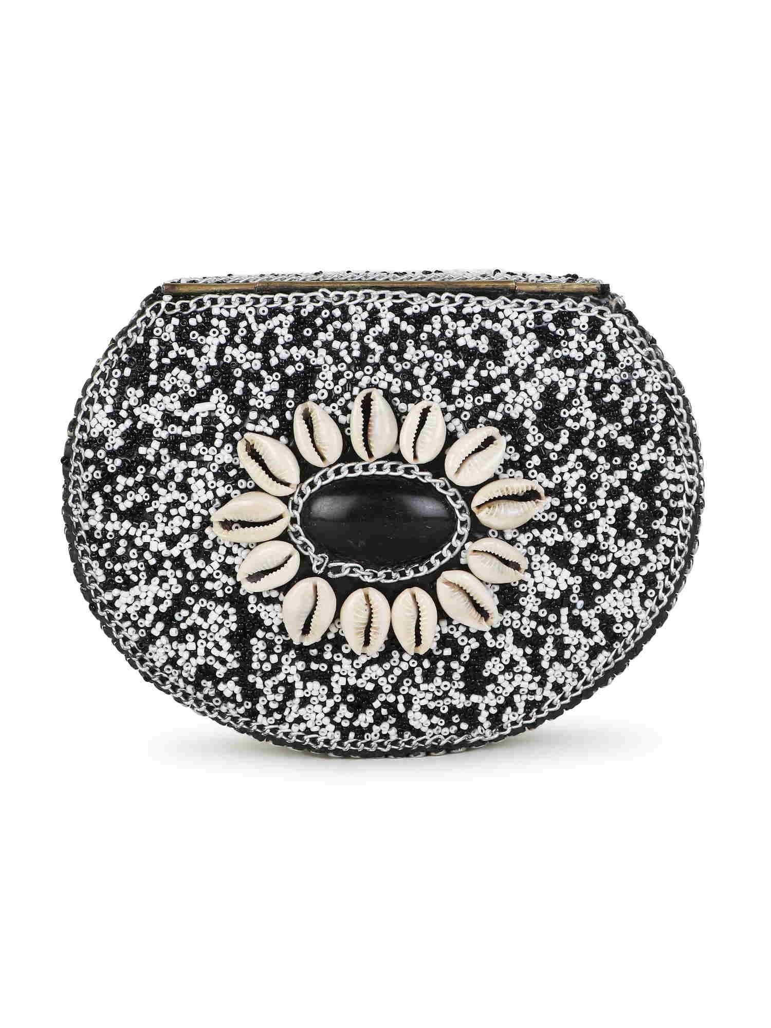 Mosaic Shell Embellished Metal Clutch