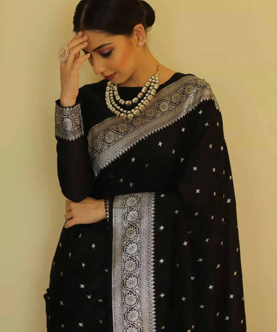 Black Designer Banarasi Soft Silk Saree & Blouse