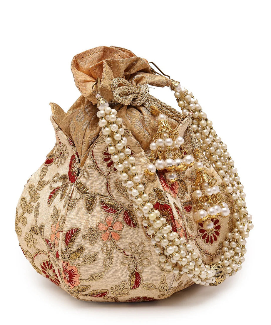 Lotus Floral Embellished Faux Silk Potli Bag