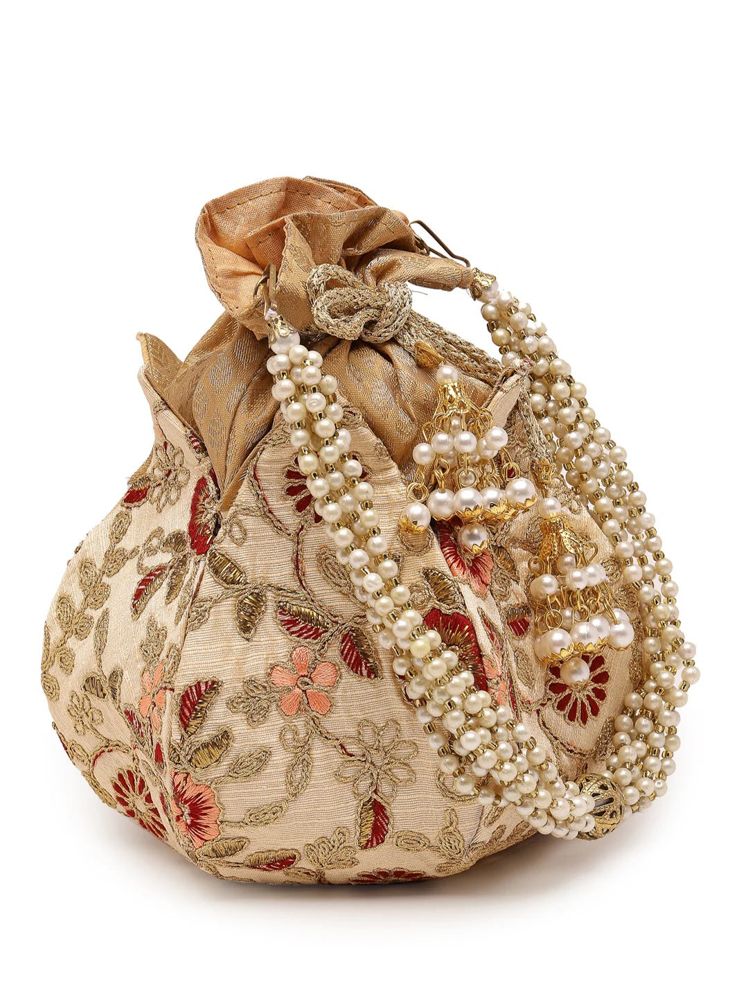 Lotus Floral Embellished Faux Silk Potli Bag