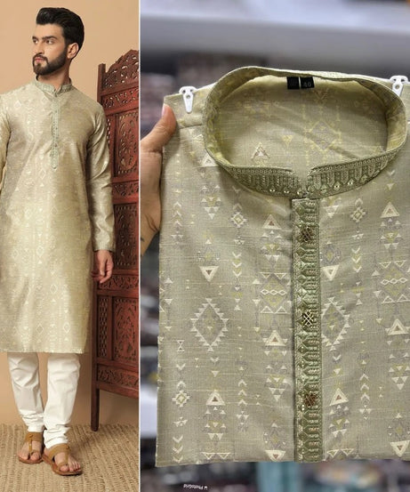 Heavy Silk Jacquard With Embroidery Kurta Pajama Set For Men's