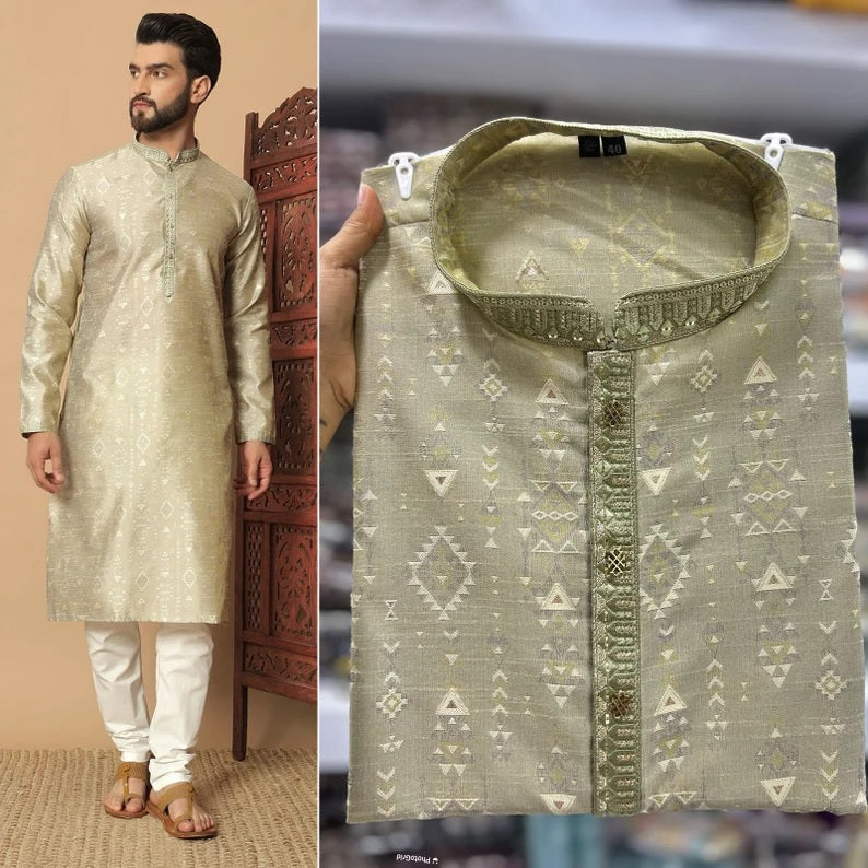 Heavy Silk Jacquard With Embroidery Kurta Pajama Set For Men's