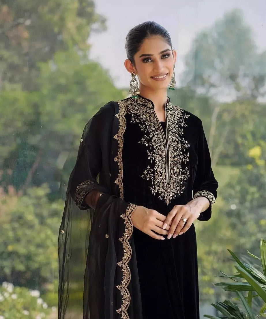 Velvet Fabric Sequence Work Top & Pant Dupatta
