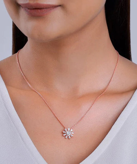 Rose Gold Baguette Flower Pendant with Link Chain