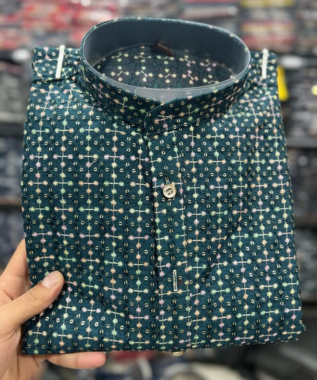 Men's Heavy Banglori Silk With Embroidery Sequence Work Kurta Pajama Set