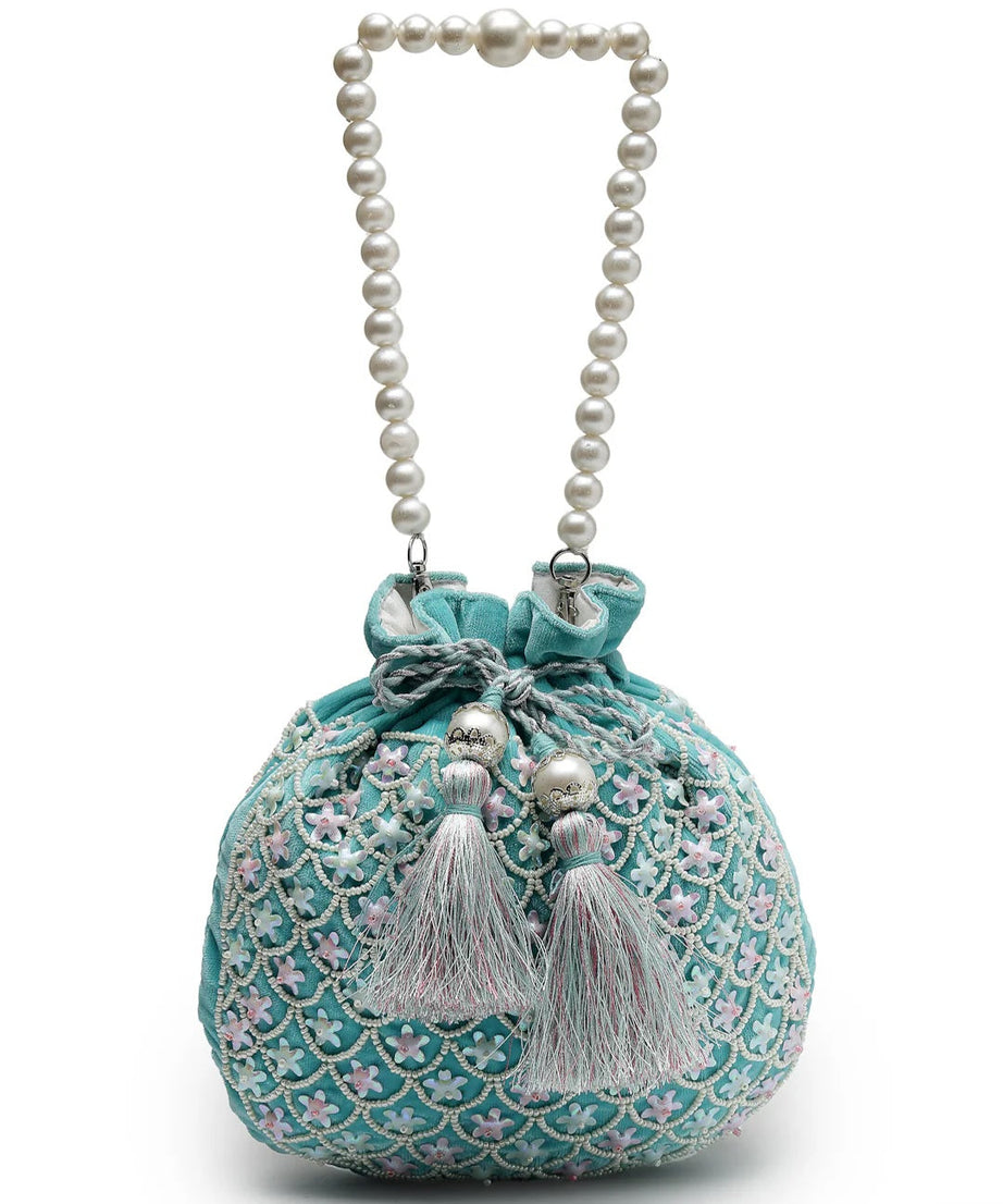 Dangle Fish Scale Embellished Velvet Potli Bag