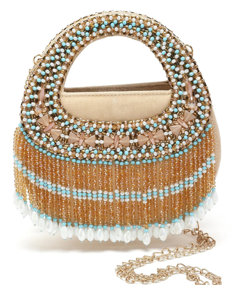 Dangle Bead Work Embellished Suede Clutch