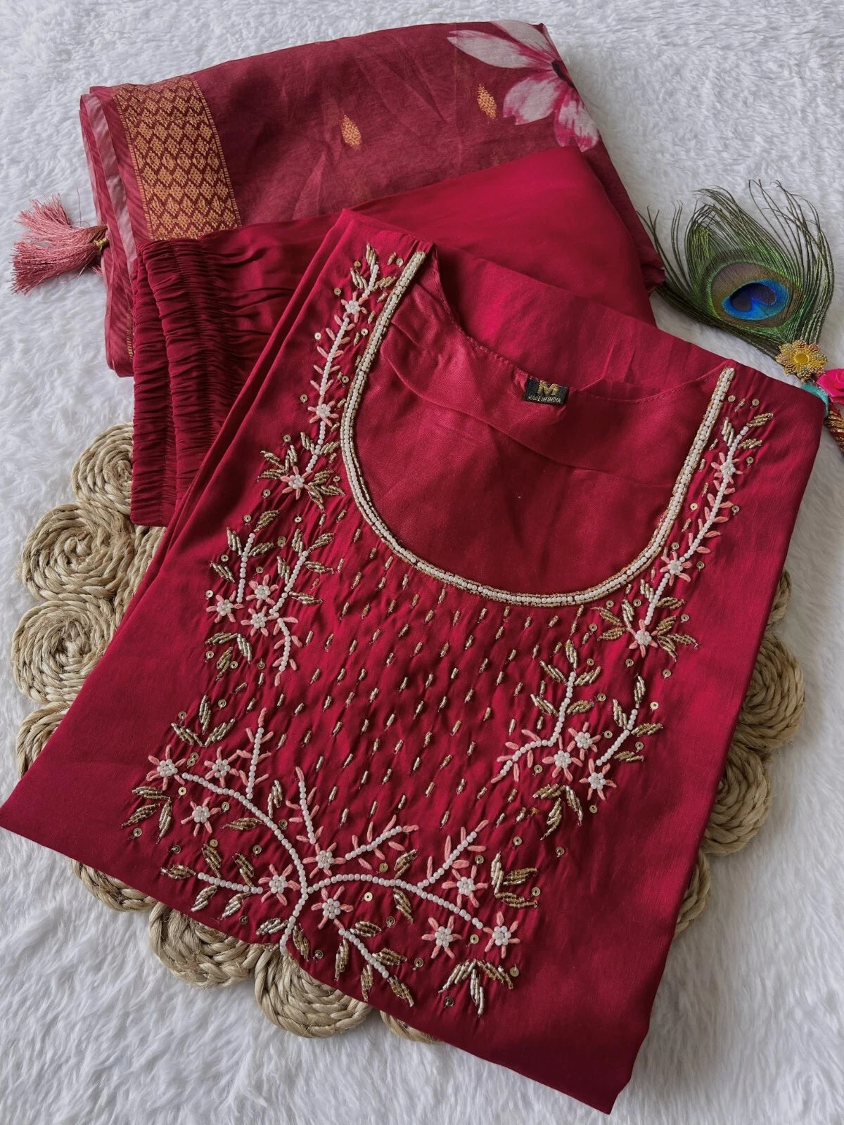 Premium Roman Silk Designers Kurti Pent Dupatta Set