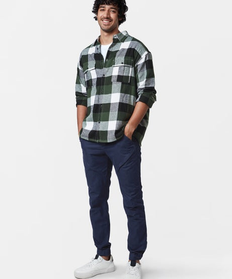 Plaid Green Black Men Utility Shirts