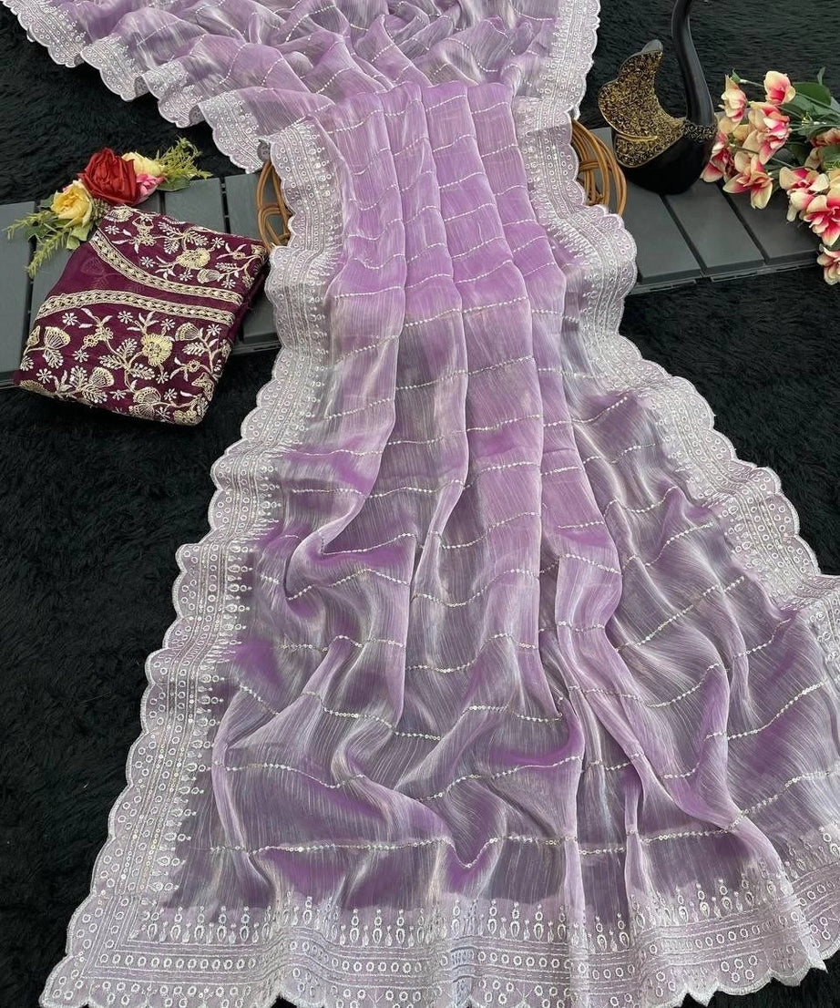 Soft Burburry With Beautiful Sequence Work Sari With Blouse