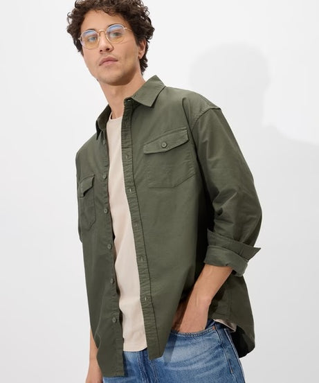 Solids Olive Green Men Utility Shirts