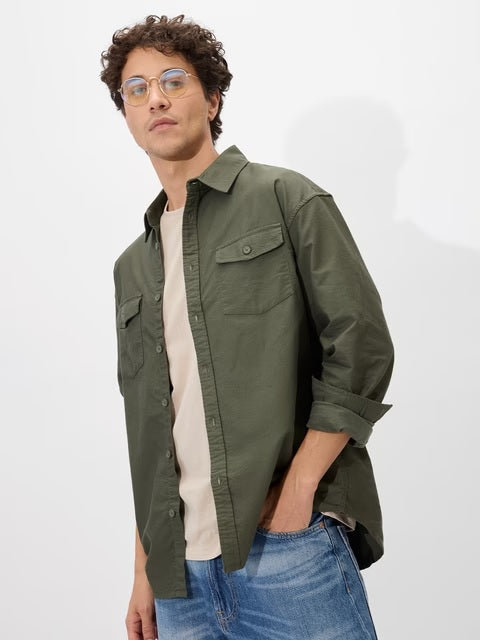 Solids Olive Green Men Utility Shirts