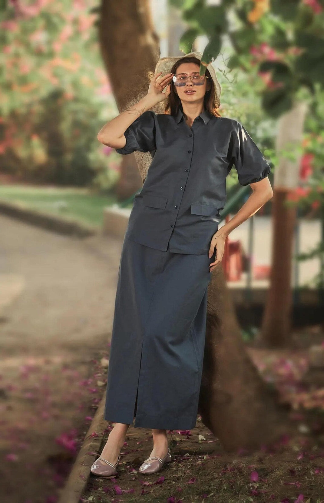 Linen Reglan Sleeve Shirt With Aline Skirt for women