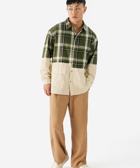 Plaid Green, Cream Men Relaxed Shirts