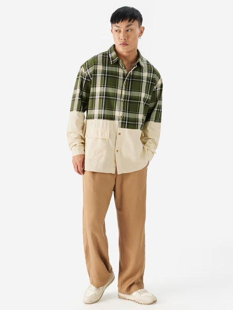 Plaid Green, Cream Men Relaxed Shirts