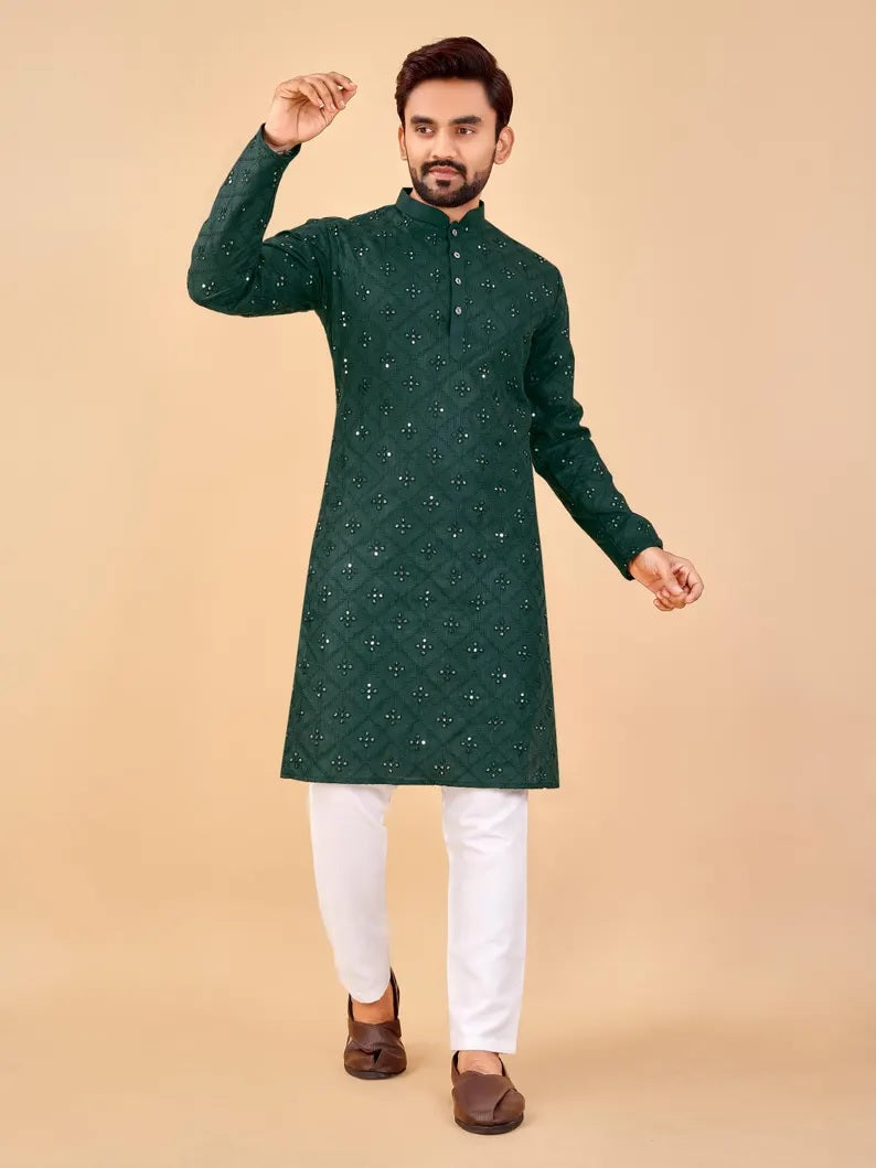Embroidery Mirror Work Men's Kurta Pajama Set