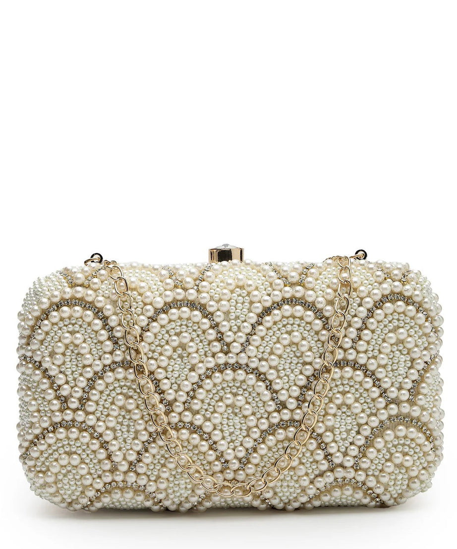 Pearl Embellished Corduroy Clutch