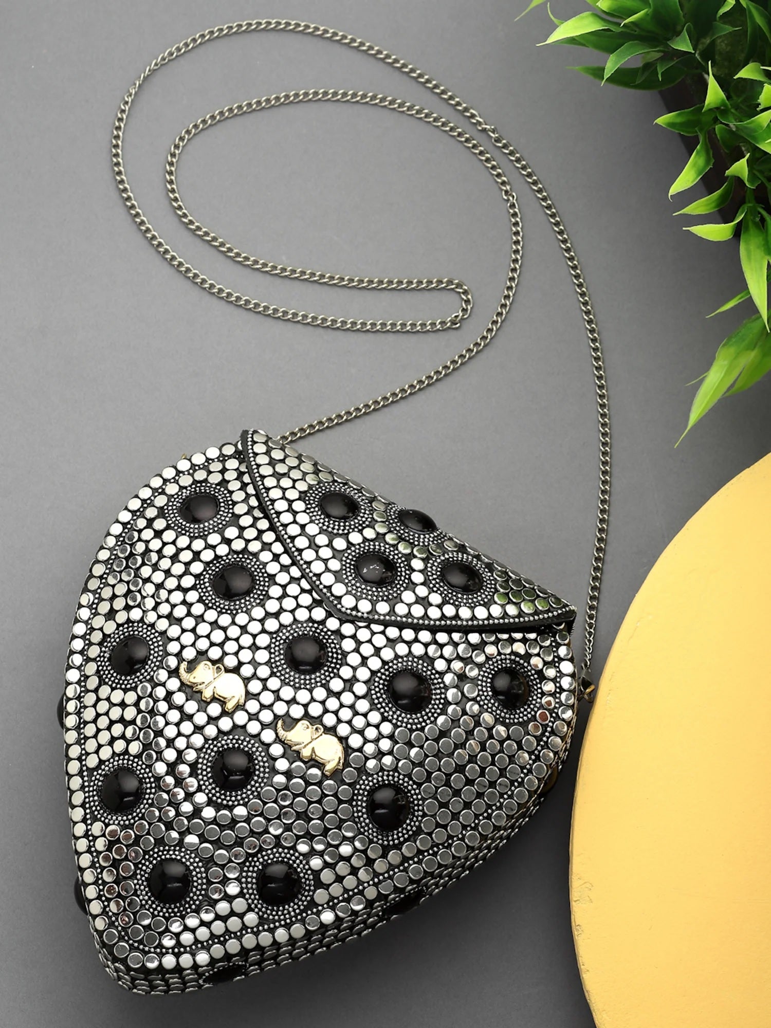 Mosaic Embellished Metal Box Clutch