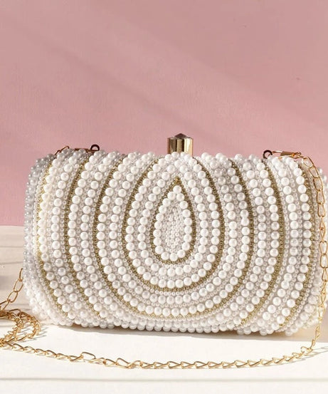 White Pearl Work Beads Clutch