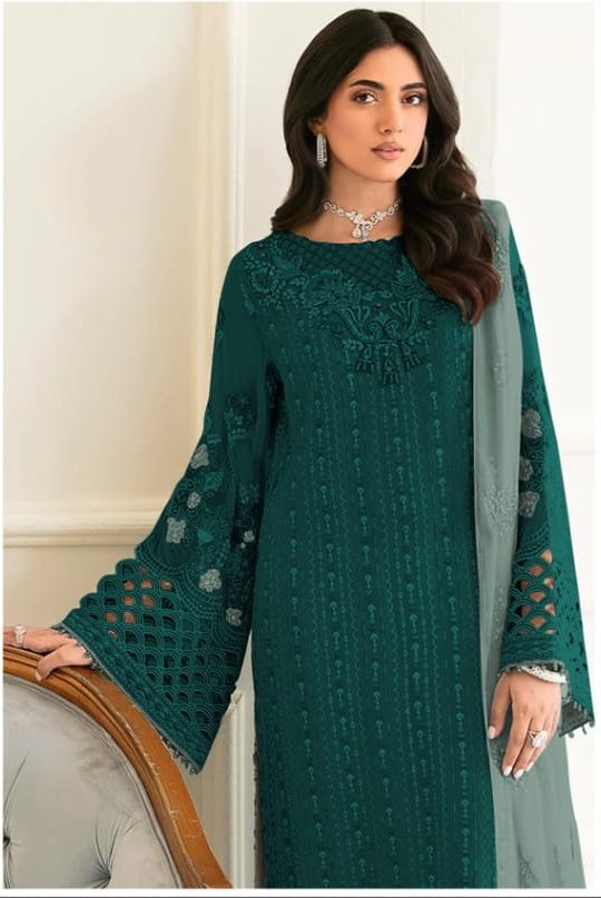 Fancy Heavy Faux Georgette Wedding Wear Designer Top Bottom With Dupatta