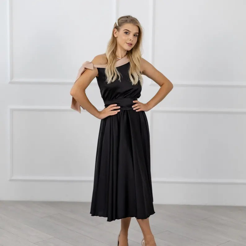 Black One-Shoulder Satin Bridesmaid Dress | Formal Floor-Length Gown