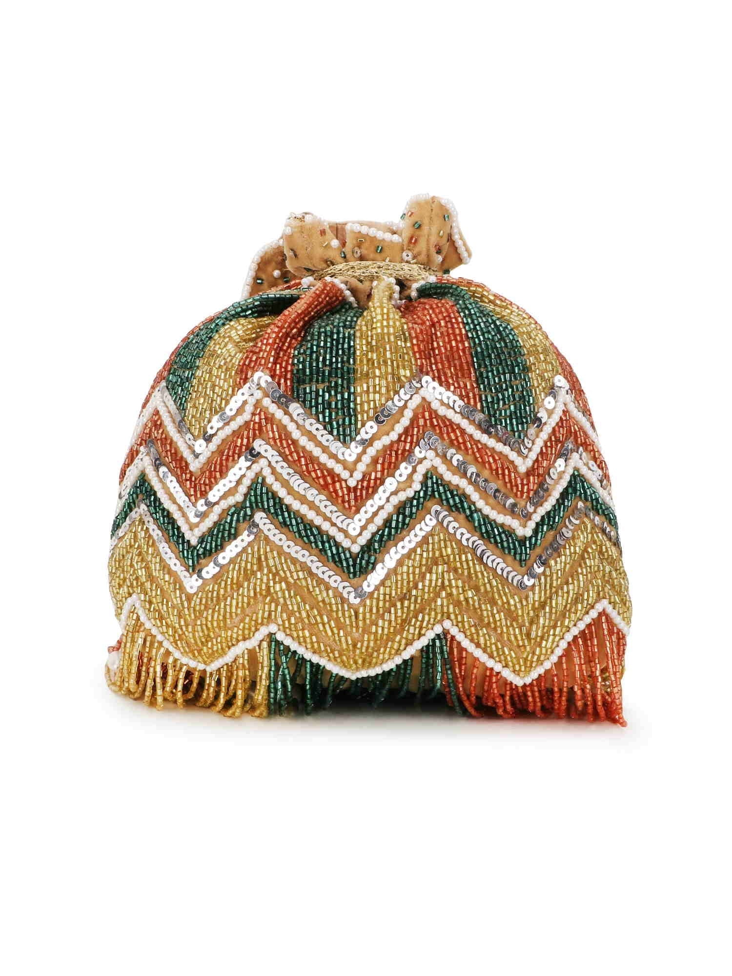 Dangle Chevron Embellished Velvet Potli Bag