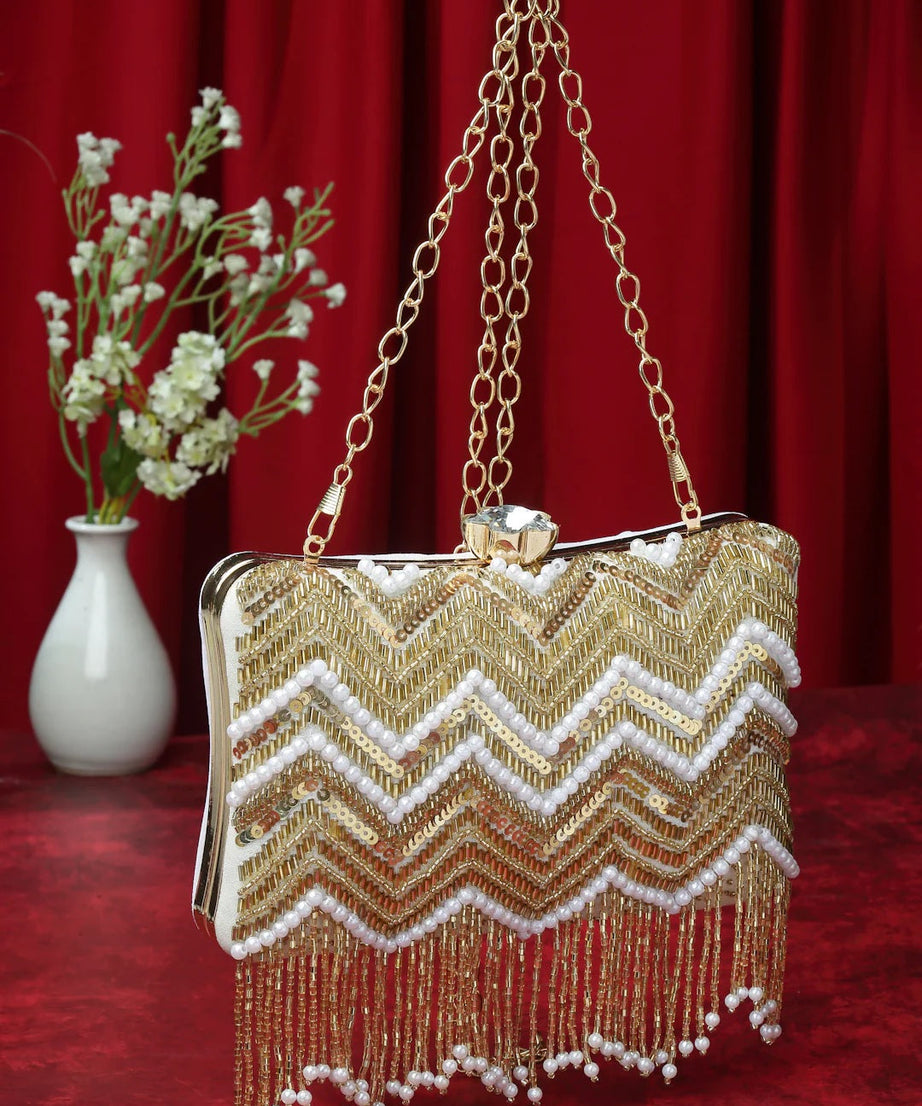 Dangle Chevron Embellished Velvet Clutch