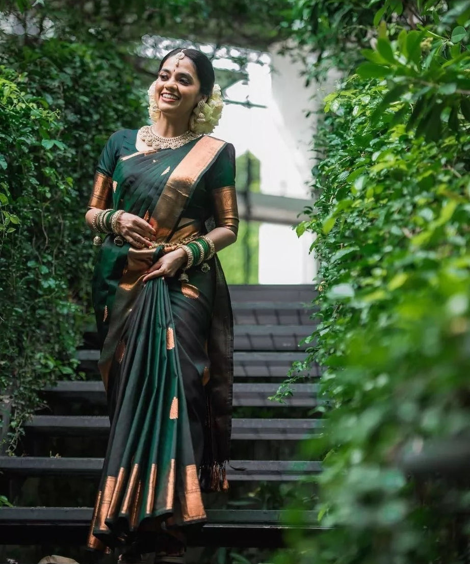 Dark Green Soft Lichi Silk Indian Beautiful Saree Blouse