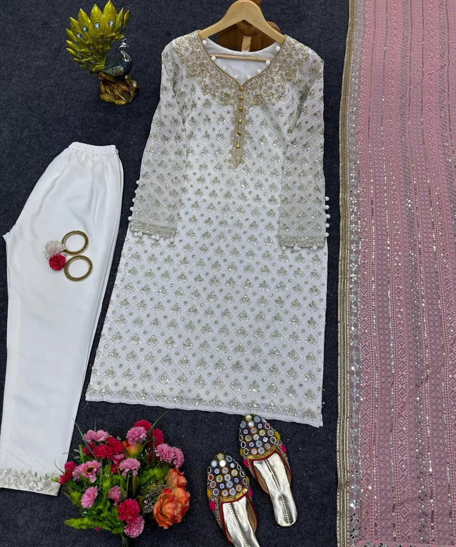 Faux Georgette Traditional Style Top Pant & Dupatta Set