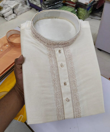 Cotton With Embroidery Work Kurta Set For Men's