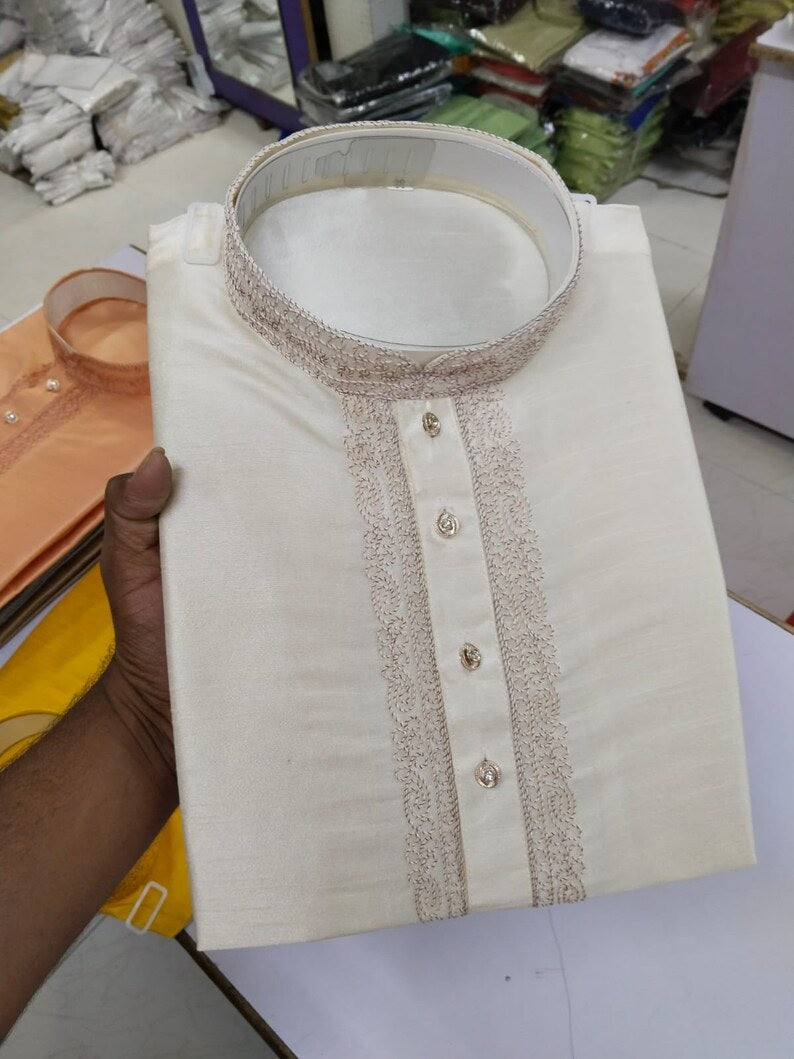 Cotton With Embroidery Work Kurta Set For Men's