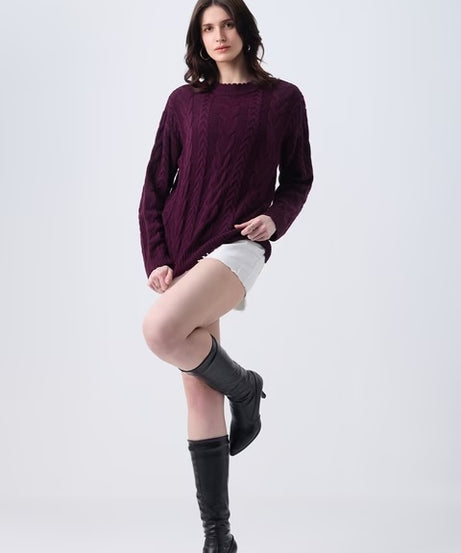 Cable Knit Plum Berry Women Oversized Sweaters