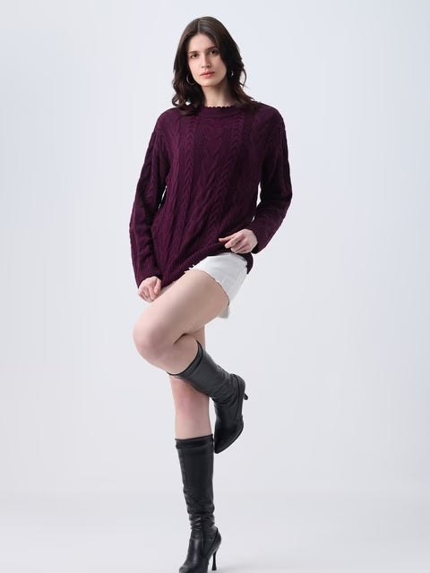 Cable Knit Plum Berry Women Oversized Sweaters
