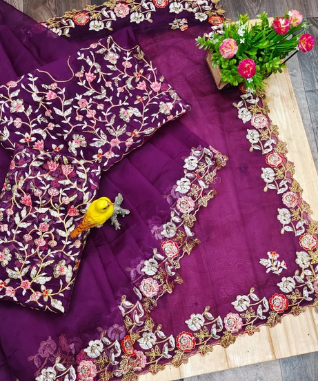 Organza Silk,Sequince & Zari Thread Designer Party Wear Saree & Blouse 11-RV