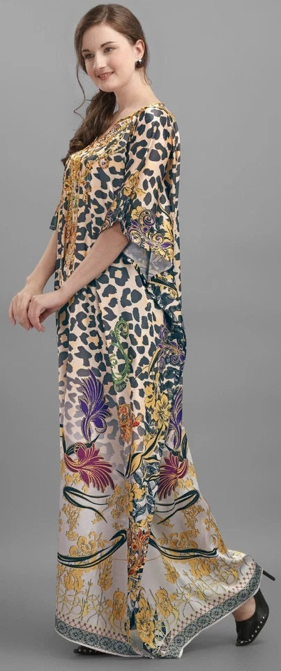 Women's Free Size Animal Print V-Neck Batwing Kaftan Beach Dress