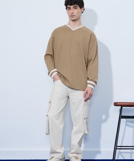 Textured Varsity Beige Oversized Full Sleeve T-Shirts
