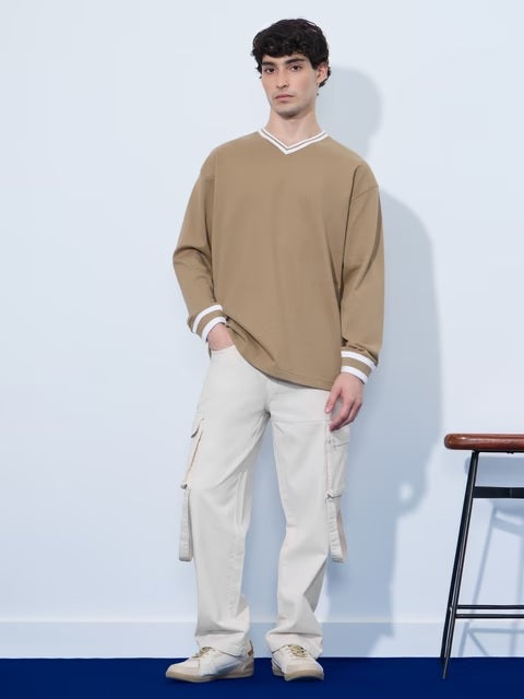 Textured Varsity Beige Oversized Full Sleeve T-Shirts