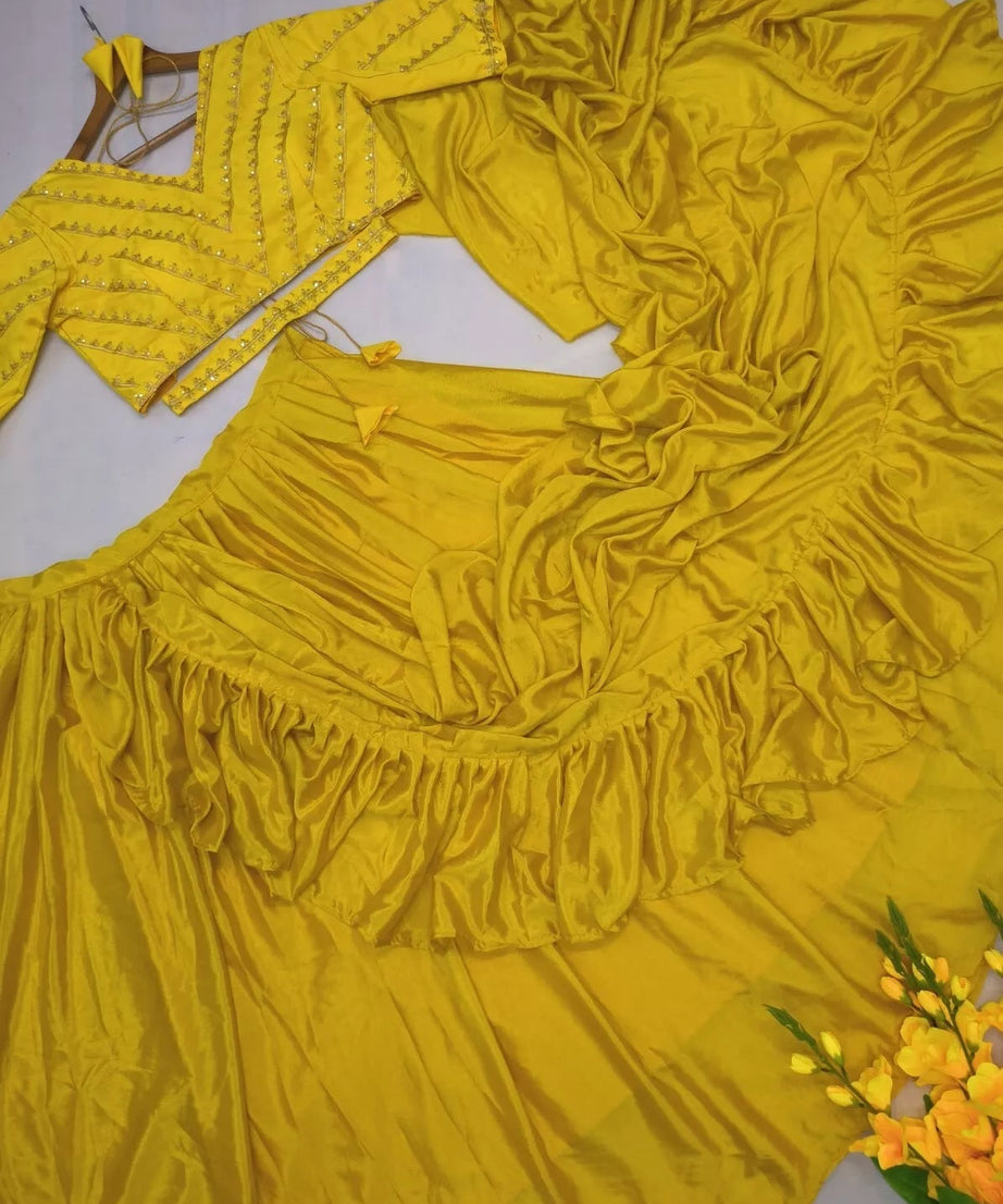 Chinon Silk Lehenga Ruffle Pallu Attached & Blouse