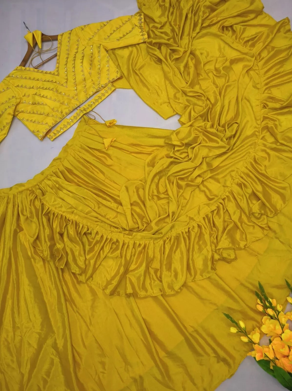 Chinon Silk Lehenga Ruffle Pallu Attached & Blouse