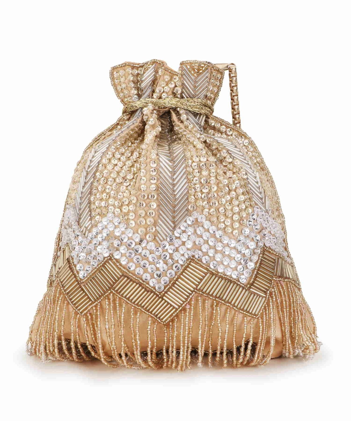 Dangle Chevron Embellished Faux Silk Potli Bag