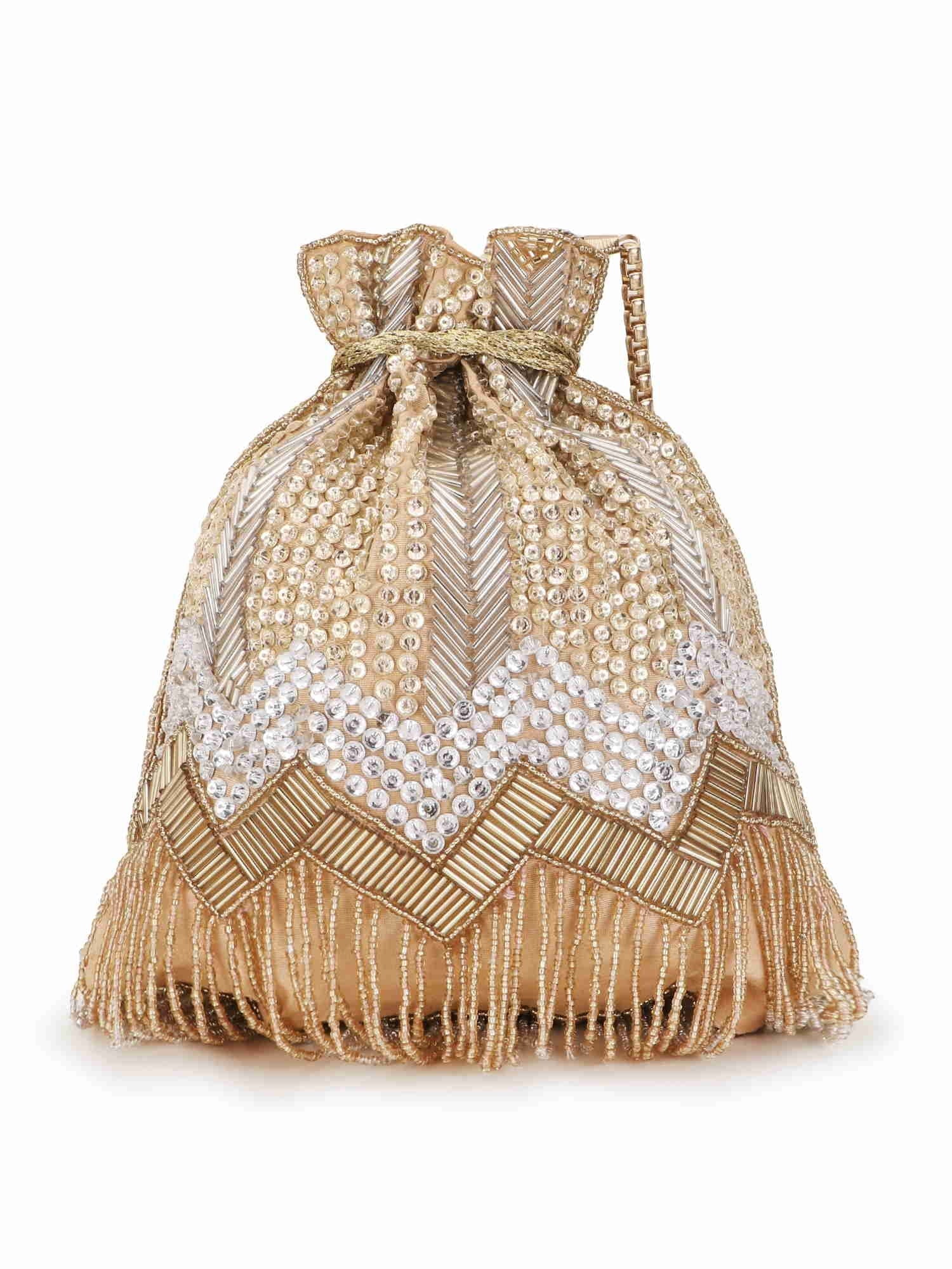 Dangle Chevron Embellished Faux Silk Potli Bag