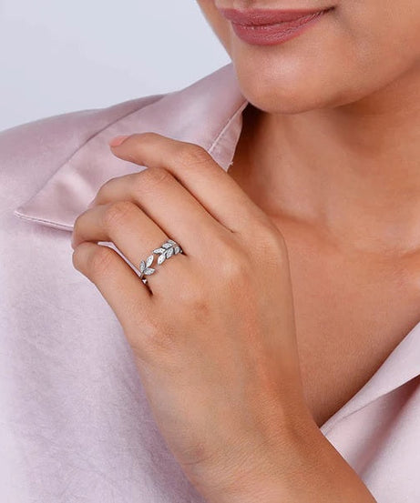 Silver Zircon Leaf Ring