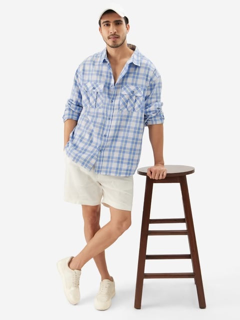 Textured Plaid Deep Sea Men Textured Shirts