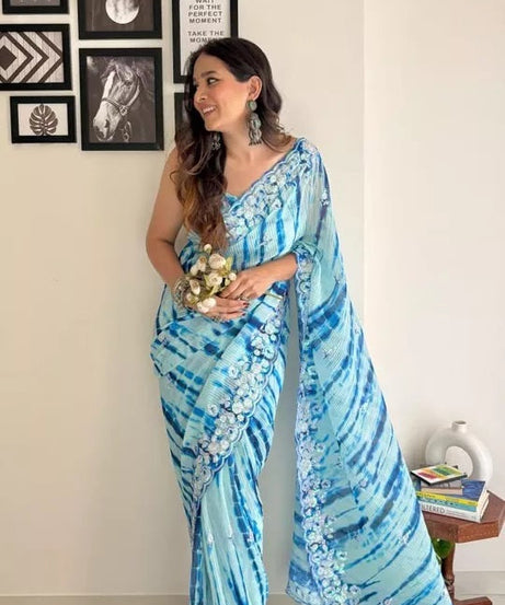 Traditional Soft Crush Multi Color Print Georgette Saree And Blouse