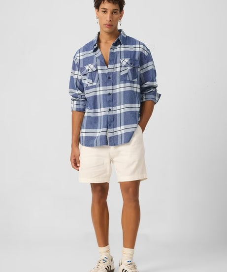 Plaid Blue, White Men Utility Shirts