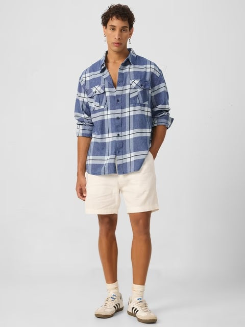 Plaid Blue, White Men Utility Shirts
